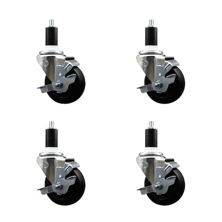 Service Caster 3.5'' Hard Rubber Swivel 1-3/8'' Expanding Stem Caster Set with Brake, 4PK SCC-EX20S3514-HRS-TLB-138-4